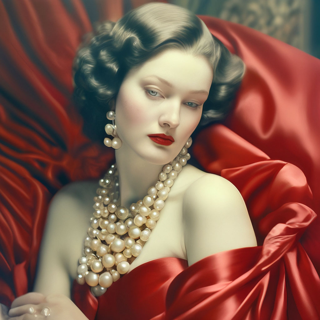 "Scarlet velvet and mother-of-pearl pearls" — image created in Shedevrum