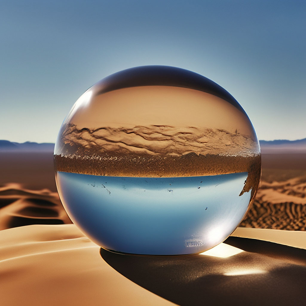 "A glass sphere half filled with water hangs over the desert on a hot ...