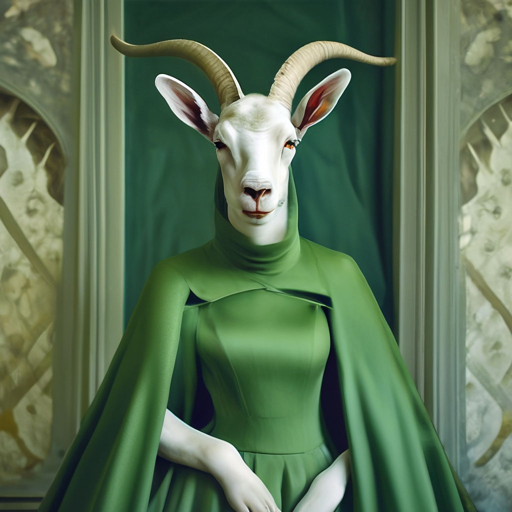 Goat bride in a green dress"  image created in Shedevrum