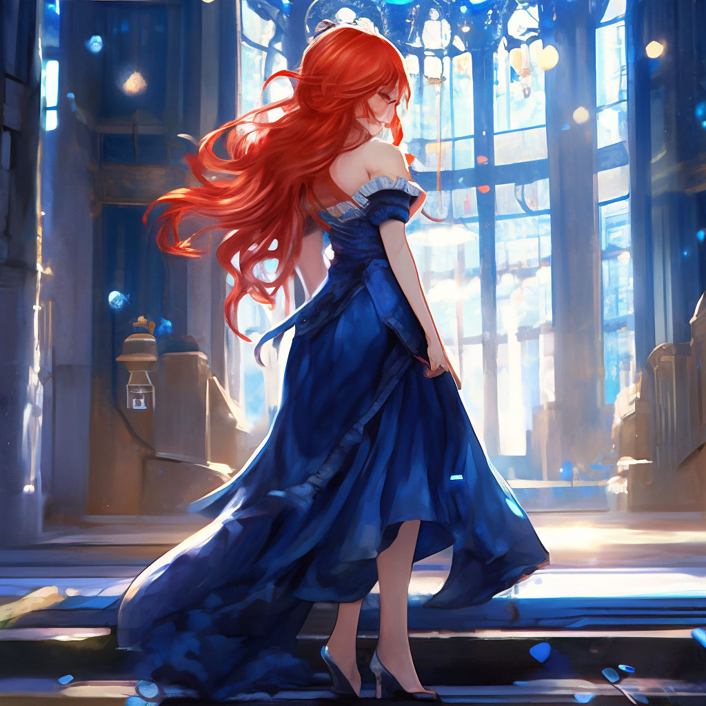 Anime girl with fiery red wavy hair and big blue eyes in a dress made of  dark blue satin with long ribbon ties, and…
