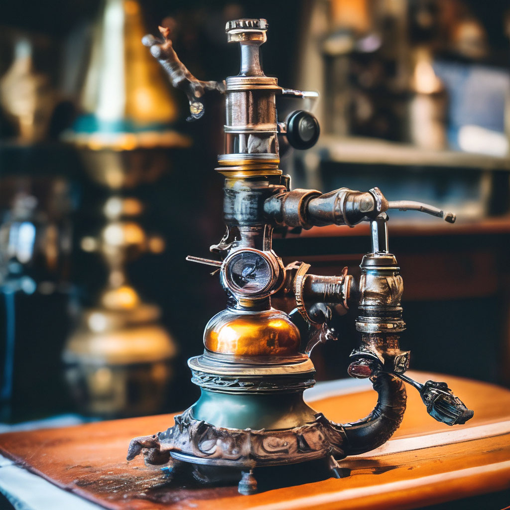 An antique vape made of iron and glass, connected with a thick wire to a  large battery"  image created in Shedevrum