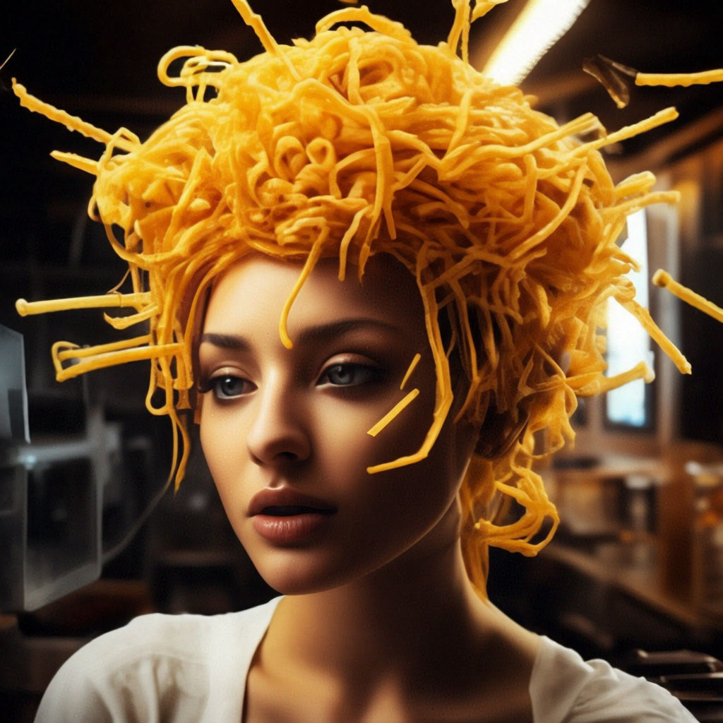 "Hairstyle: explosion at the pasta ." - image created in Shedevrum