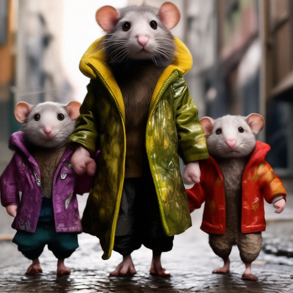 anthropomorphic rich spring rat good-natured in a mink coat leads ...