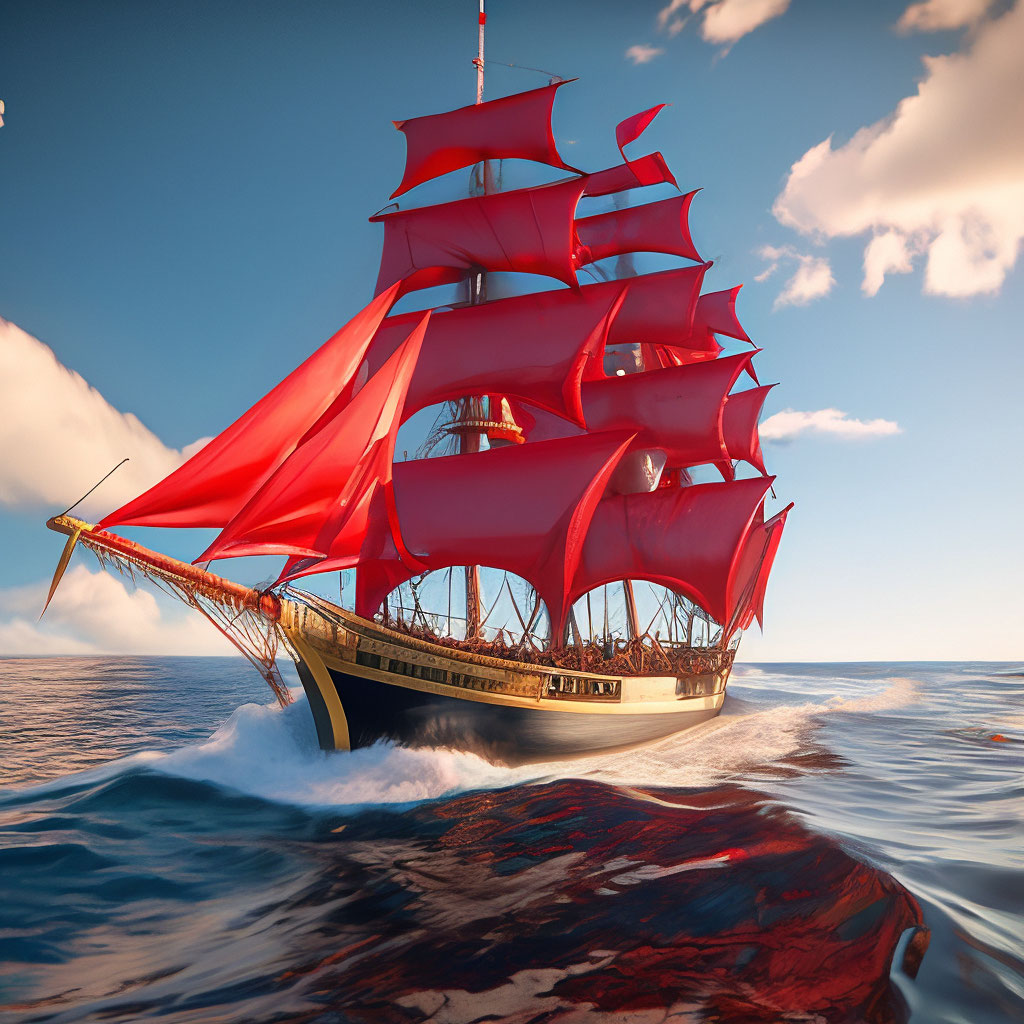 "The sea A beautiful ship with scarlet sails in the style of Carla ...