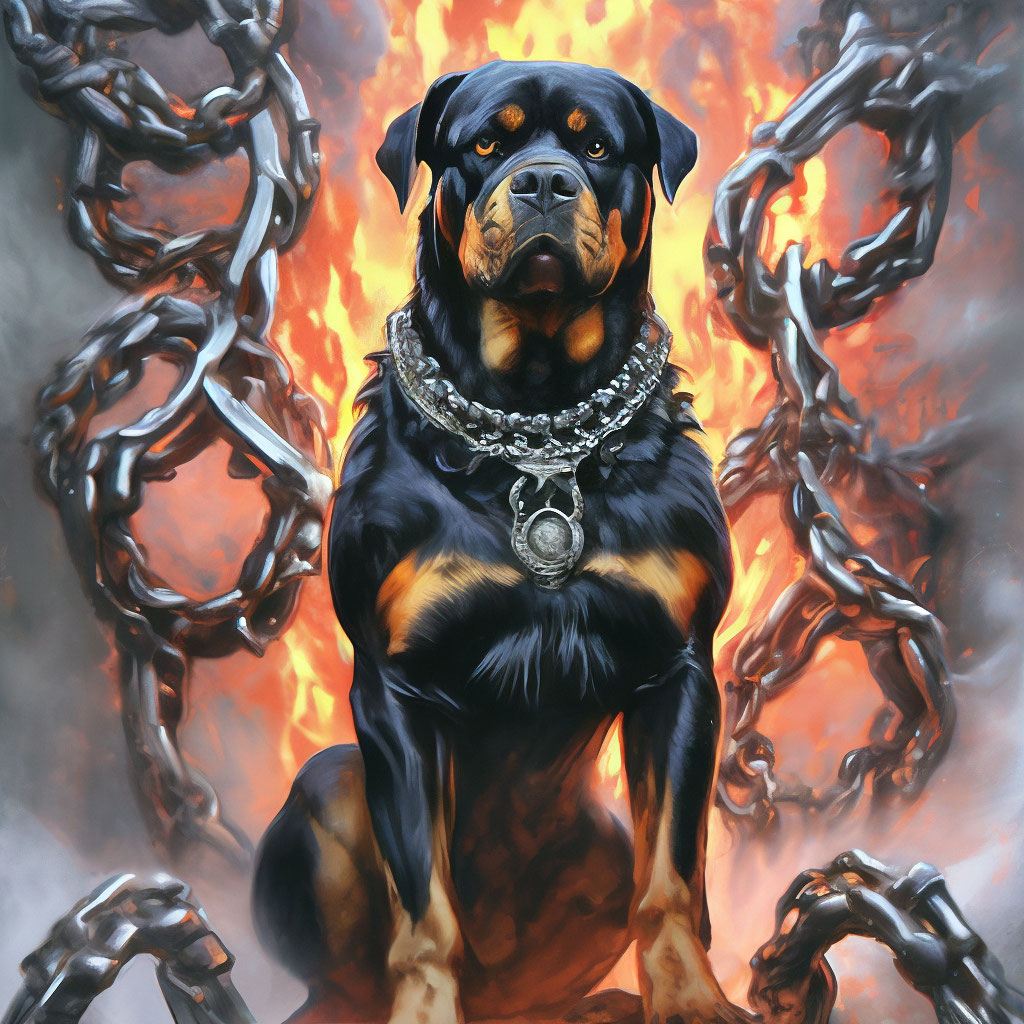 cerberus rottweiler, massive body, chains, spikes, lava, smoke, fog ...