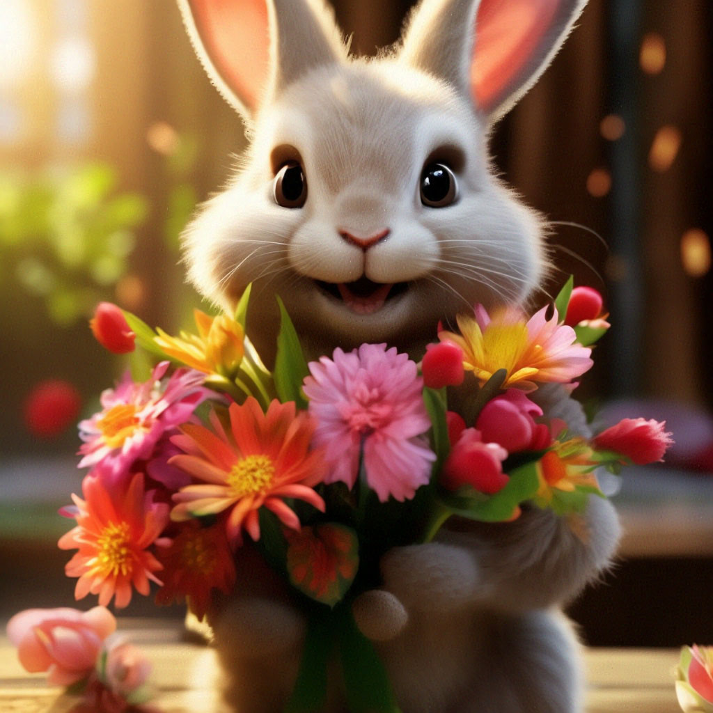 "Milota a fluffy bunny is smiling, holding a bouquet of fabulous ...
