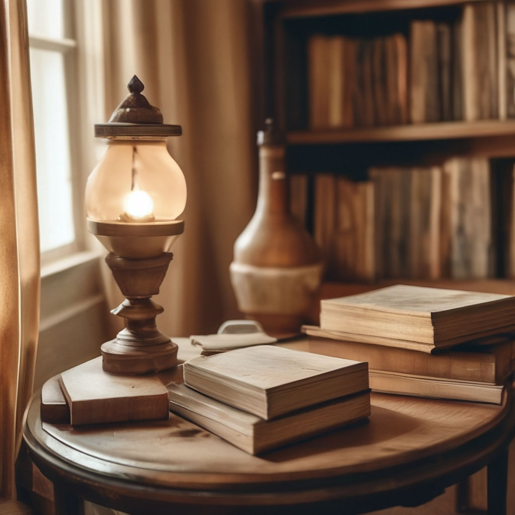 "An ancient lamp, old books on a table in a cozy room. , aesthetics ...