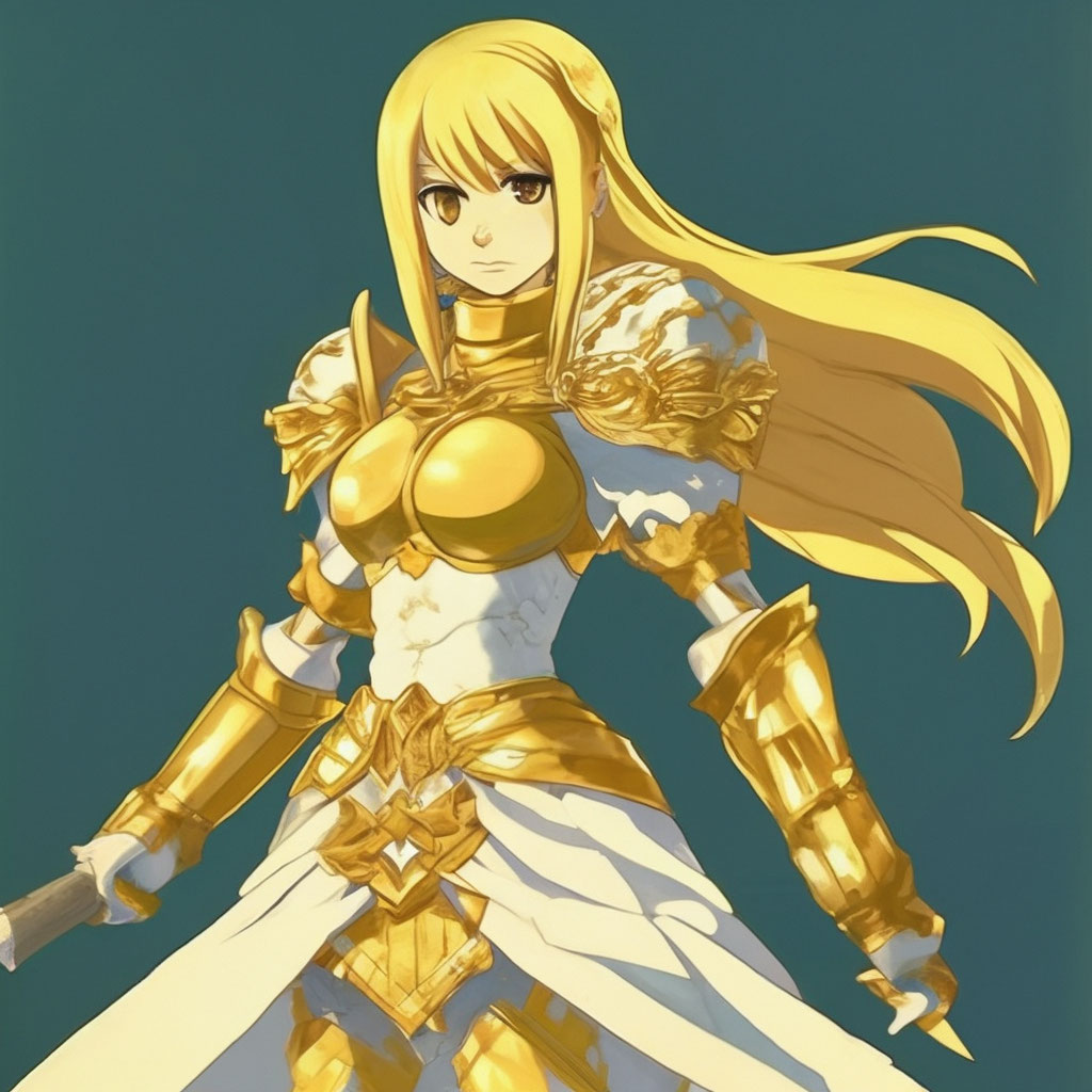 Lucy Hartfilia in golden armor, anime style, full height, anime fairy tail,  "  image created in Shedevrum