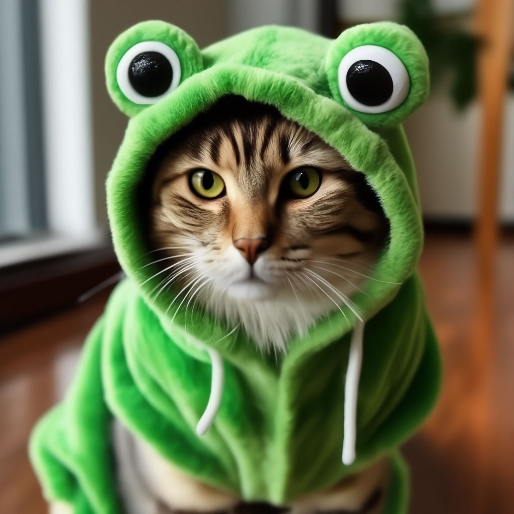 Котик в костюме лягушки» — создано в Шедевруме