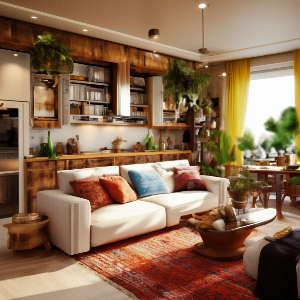 "Visualization of the interior of the living room kitchen in boho style ...
