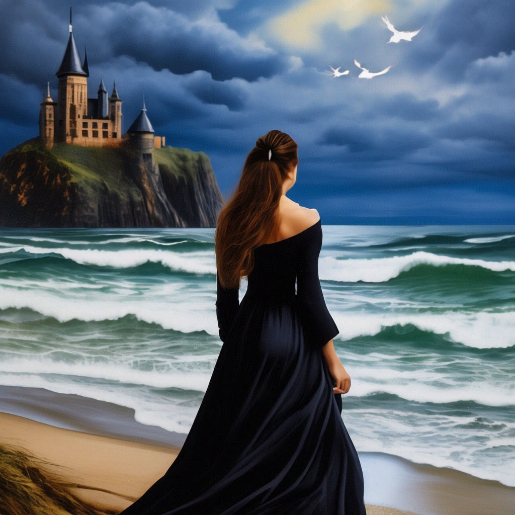 "A girl in a black closed dress stands on the shore of a raging stormy ...