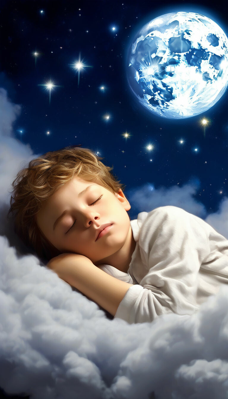 "Good night 🌑 A boy sleeps on a cloud under the moon and stars ...