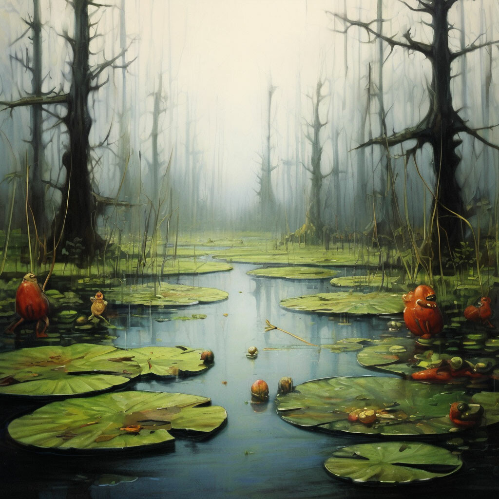 Произведение искусства, где морские обитатели взаимодействуют с объектами цивилизации