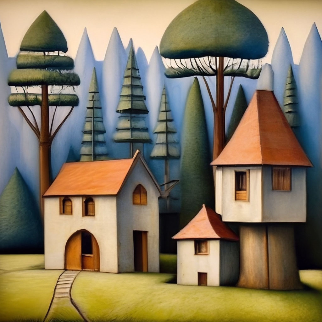 houses, trees, primitivism, naive art, graphics, pencil, hatching ...