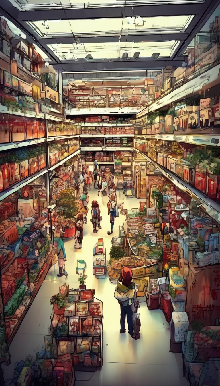 illustration, cozy atmosphere, hypermarket interior, top view, high ...
