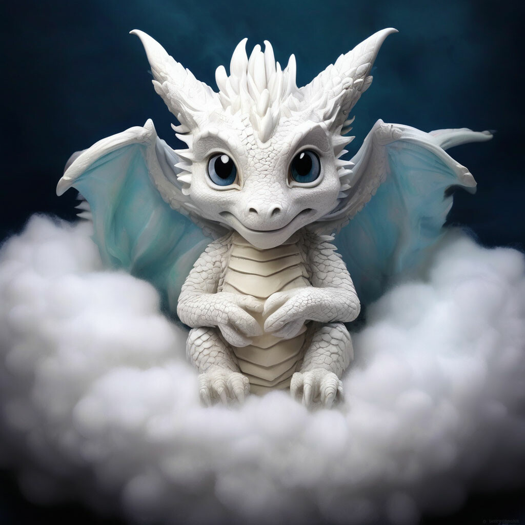 "Cute white dragon sits on a soft …" — image created in Shedevrum