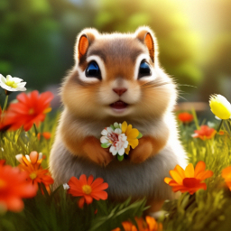 «Realistic tiny fluffy round spherical chipmunk 🐿️ in a bright flower ...