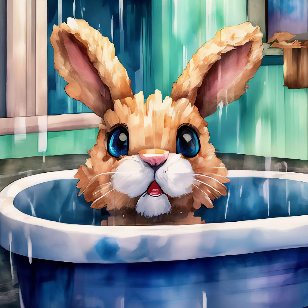 A wet bunny with a wet curly blond shaggy forelock looks out of the  bathtub, large indignant eyes, watercolor … — image created in Shedevrum