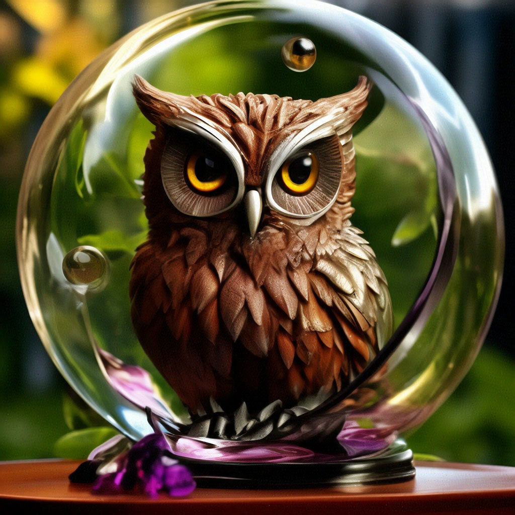 "Glass shape object+ owl+clematis+spiral, surreal grotesque shape, HDR ...