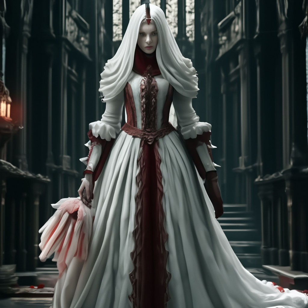Bloodborne Yharnam, Pthumerian Queen, full length, white dress stained with Red