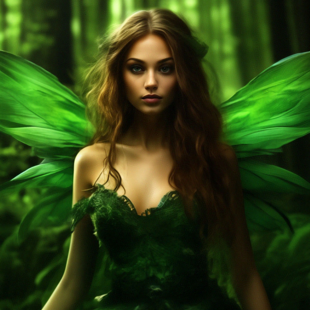 A beautiful fairy, a green dress, green plants, vines, wings to the light,  a fabulous green dark forest. the depth "  image created in Shedevrum