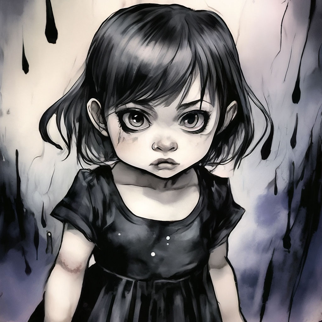 Preschool girl goth black tears, rage, in a black dress Watercolor and ...