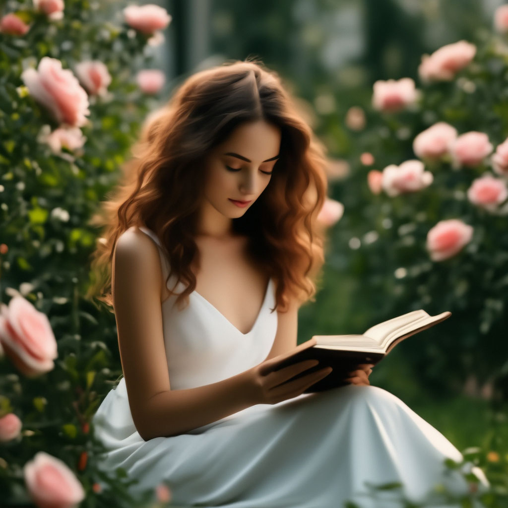 "A garden, a girl with a book in a white dress is sitting on the grass ...