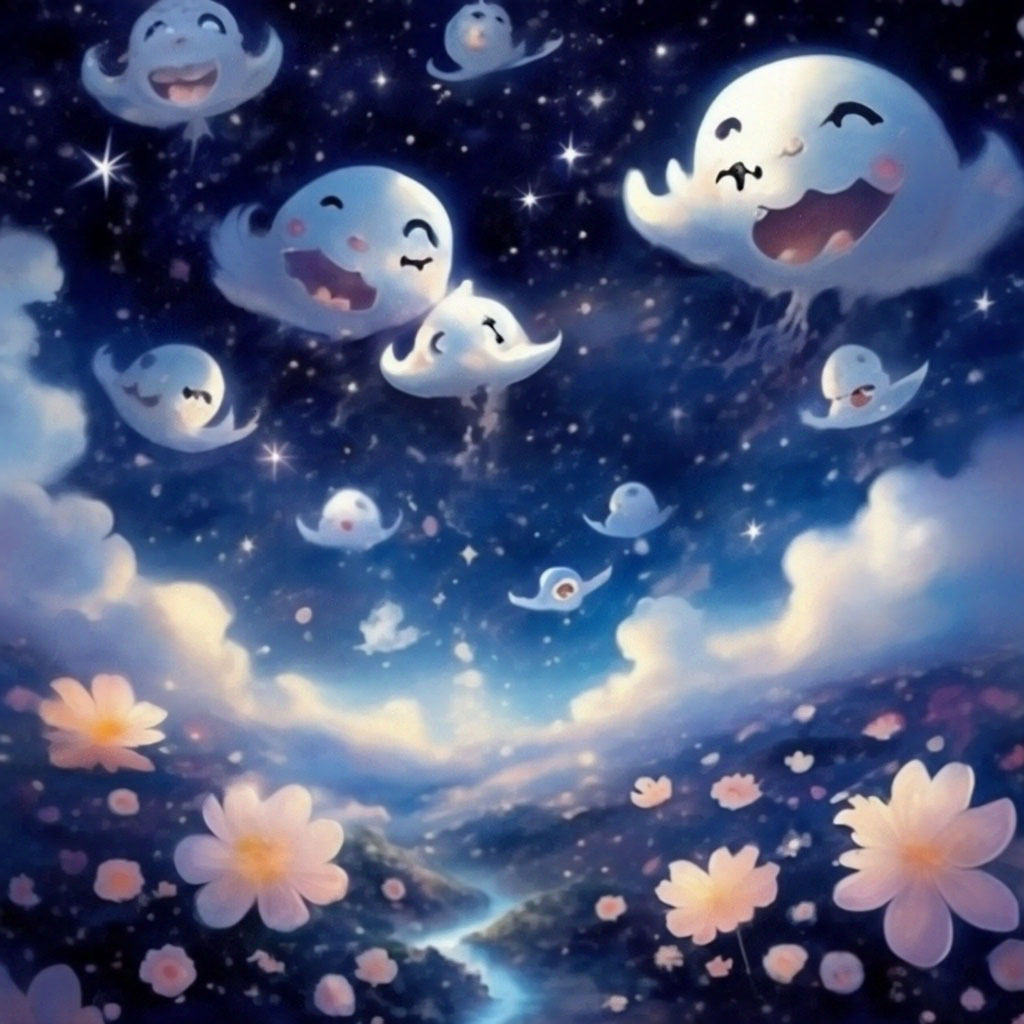 "On a moonlit night, happy fairy-tale ghosts, stars, the Milky Way ...