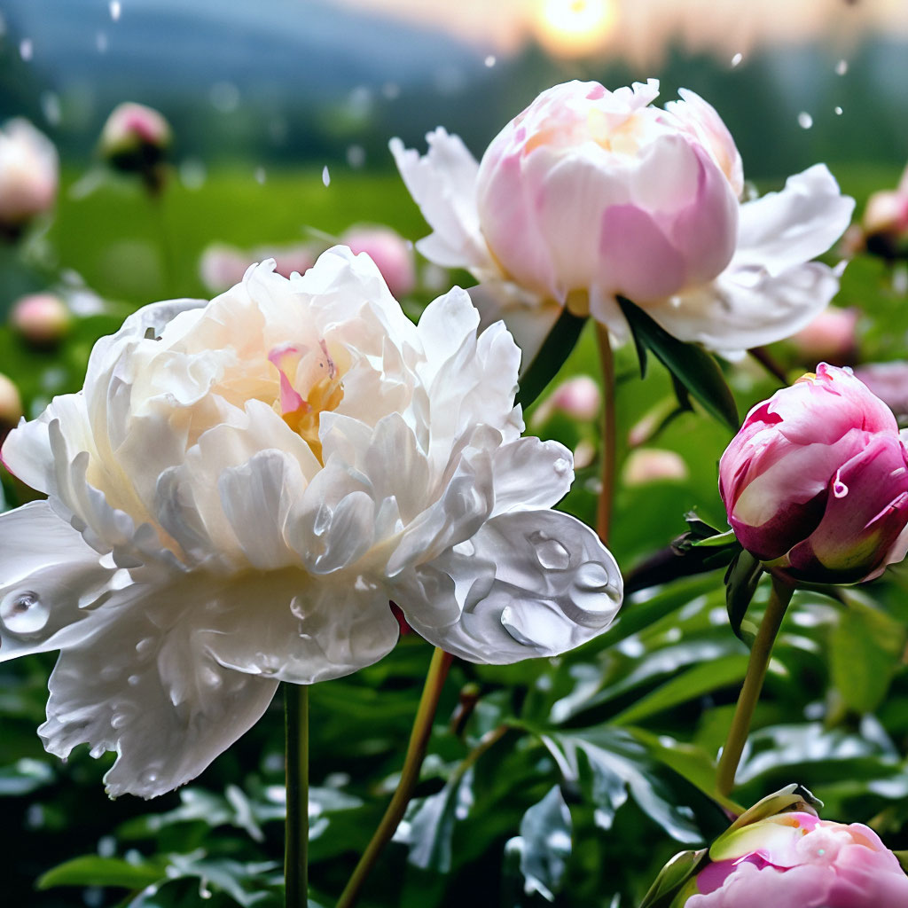 "A lush bush of terry pale white and pink peonies, a beautiful ...