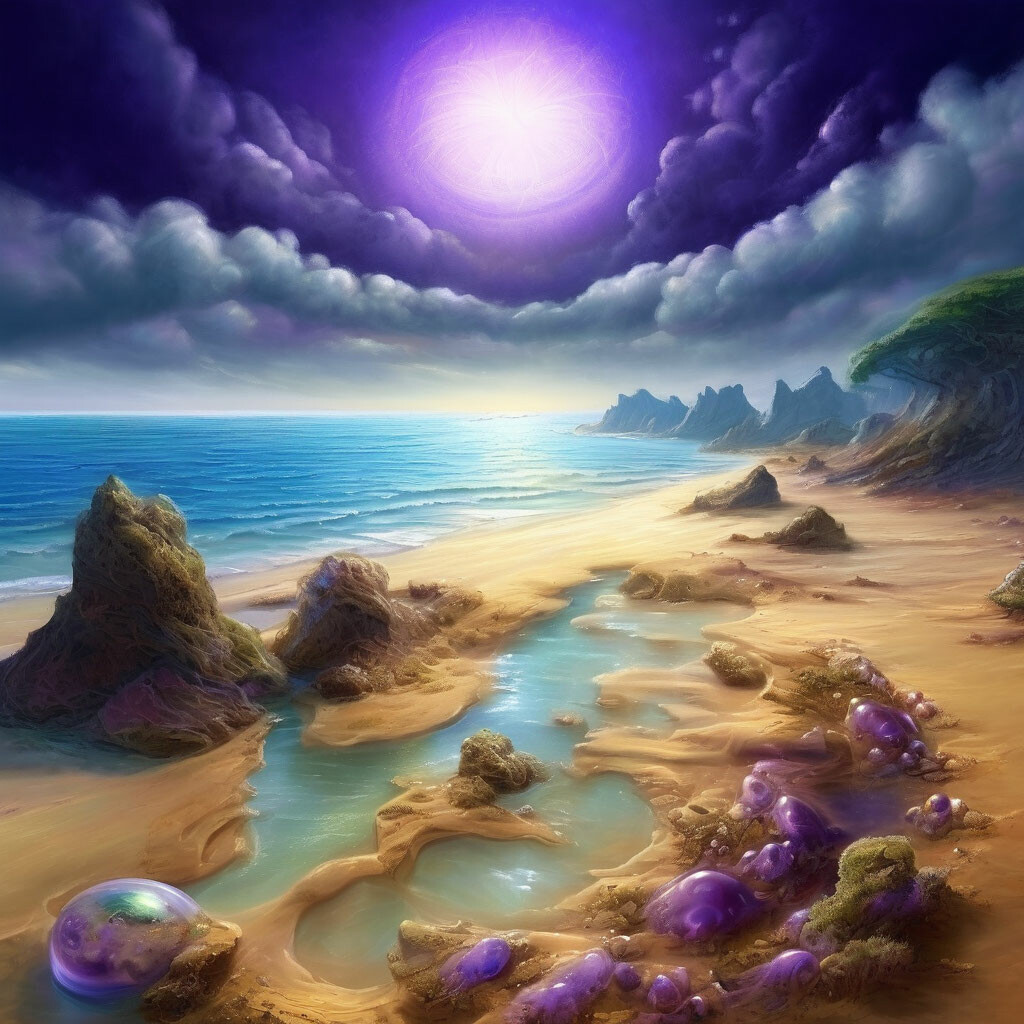 "Fabulous sur marine beach alien landscape,luminous indigo contour ...
