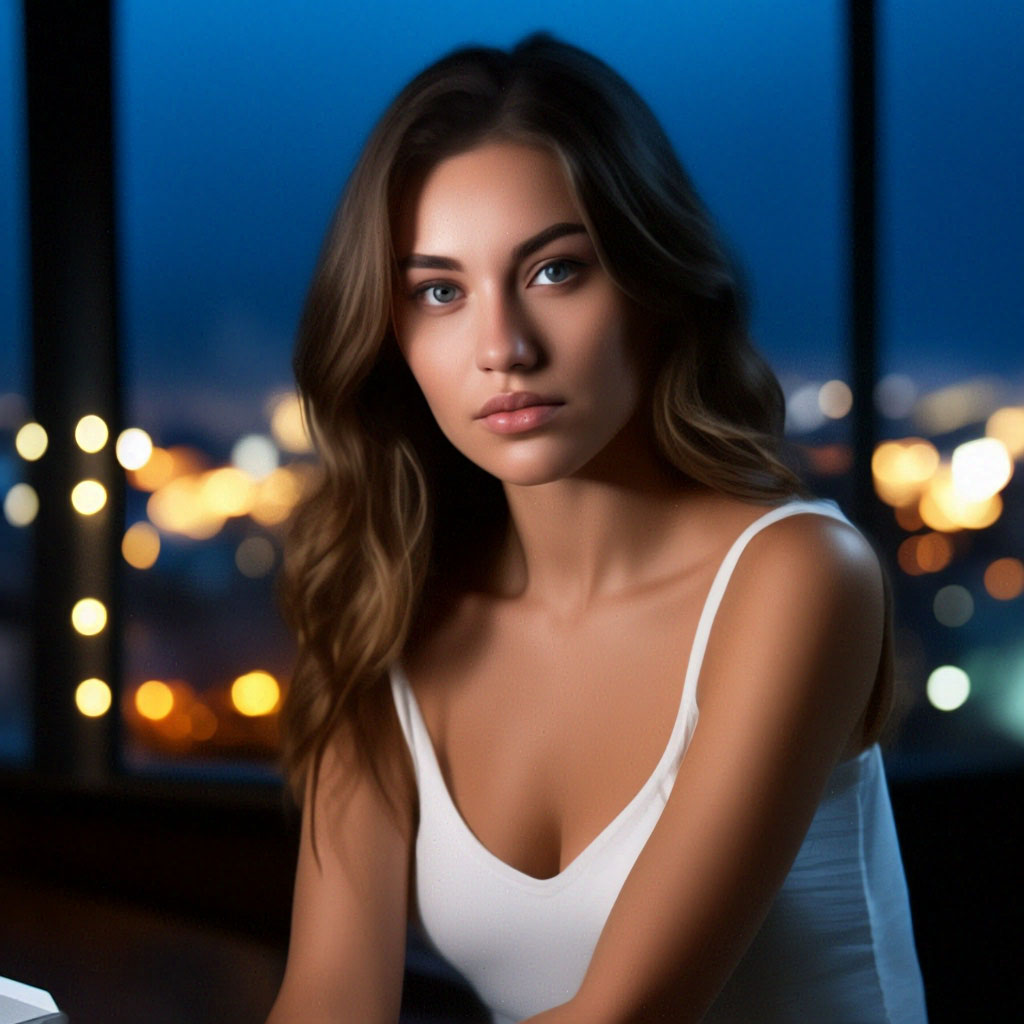 HD лунная, звездная ночь . распахнутое окно в конмнате темно .девушка с кра...