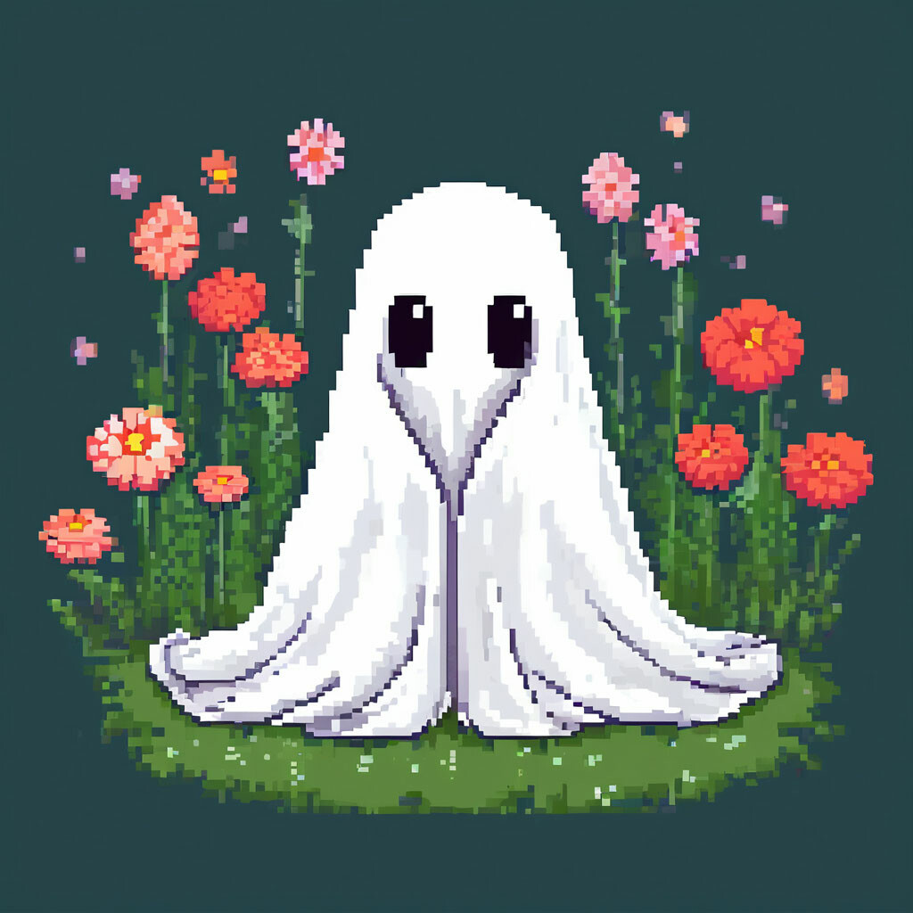 "Pixel art 8-bit, a cute ghost in a white blanket sits on the grass ...