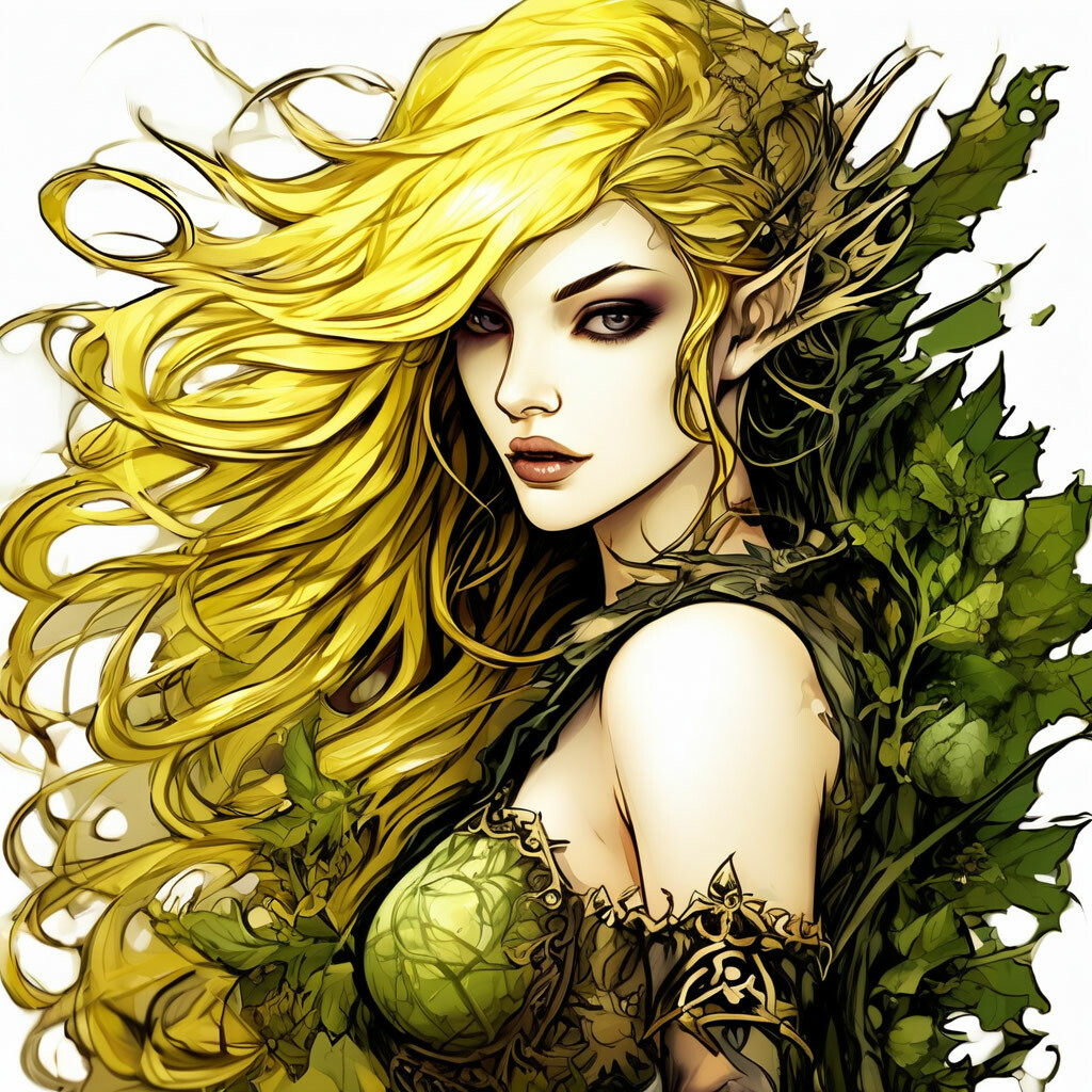"Art, comic book, vector, gothic, nature's fighting elf, pale skin ...