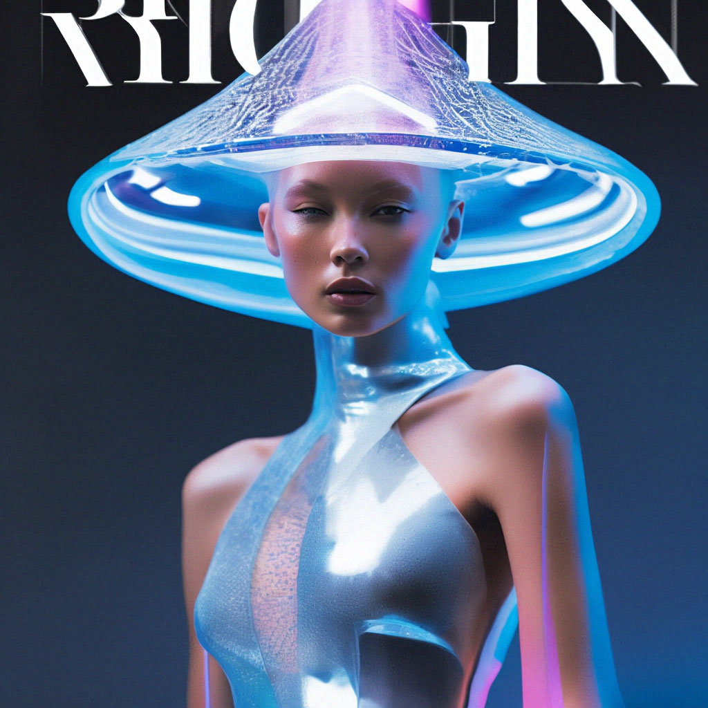 A stunning futuristic fashion magazine cover featuring a model wearing an  "  image created in Shedevrum