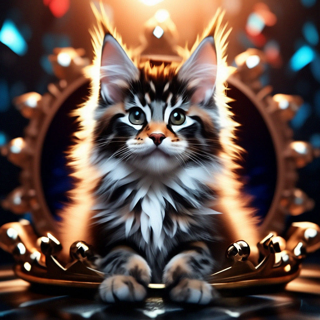 4d multicomposition, multicolored Maine Coon kitten sits in the center of a giant inlaid crown with gems, in the middle, in the inside, cubes checkerboard background 5D, hyper detailing of all …