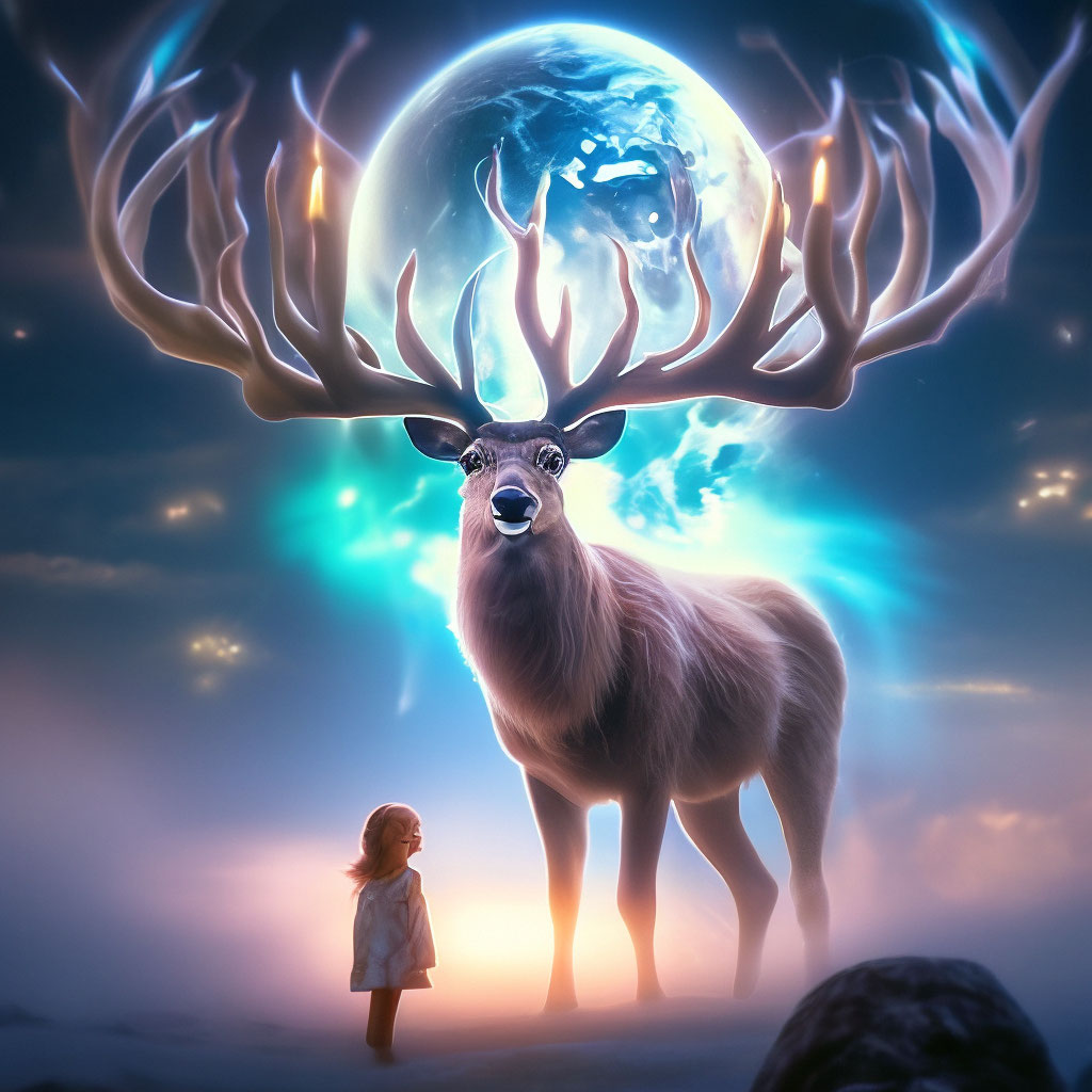 surrealism, multi-exposure, a giant mystical fantasy deer with large beautiful branched horns holds a fluffy cloud in its horns and a tiny miniature girl stands next to them, they stand in a fairy-…