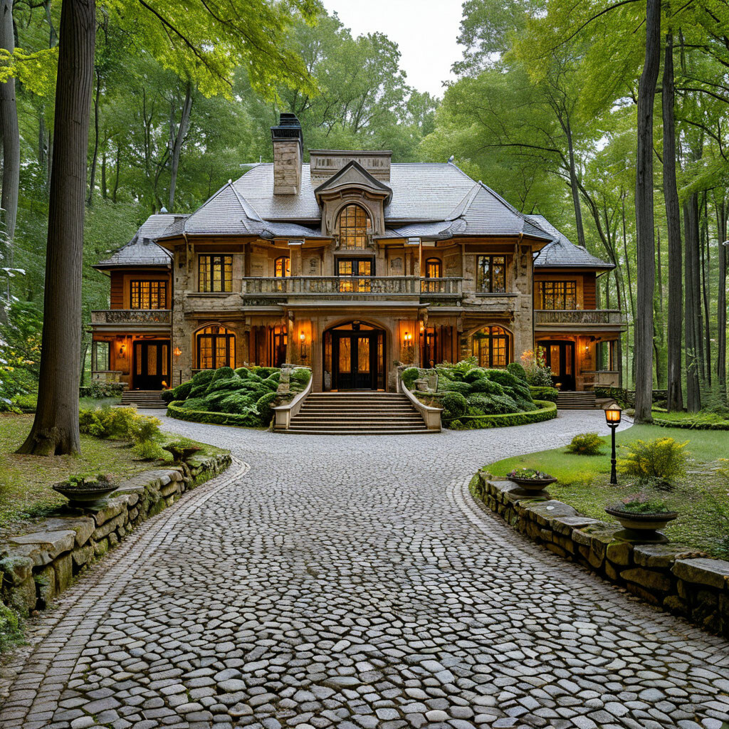 сказочное огромное поместье, в чаще леса, с подъездной каменной дорогой