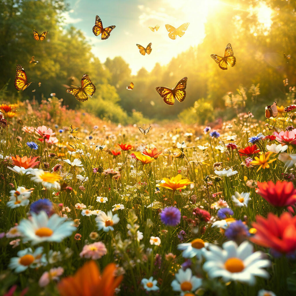 "A perfect sunny meadow where butterflies fly and many flowers are like ...