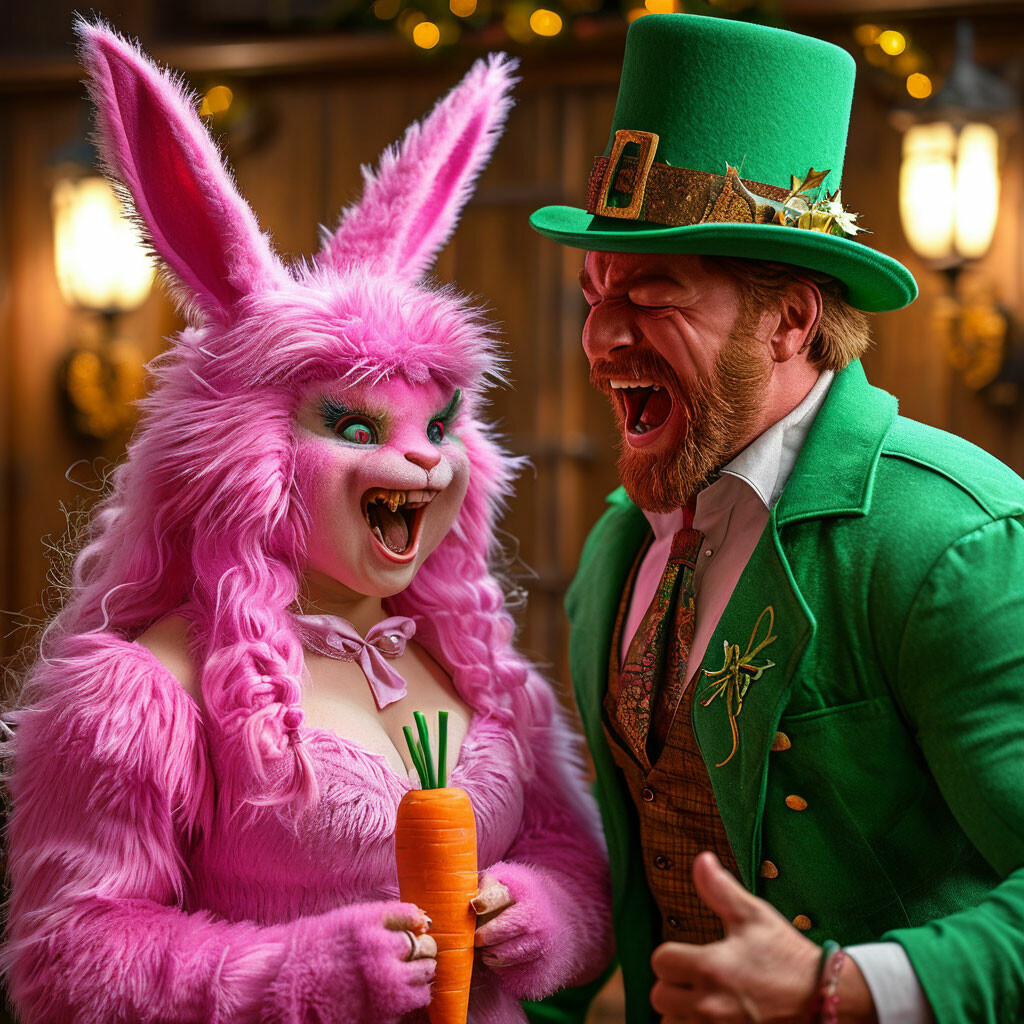 😁🫷 A girl dressed as a fluffy pink rabbit with a carrot in her hand ...