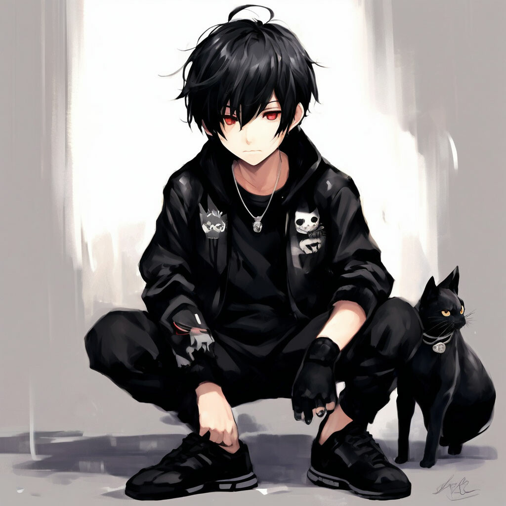 "A boy with black hair, red eyes, a …" — image created in Shedevrum