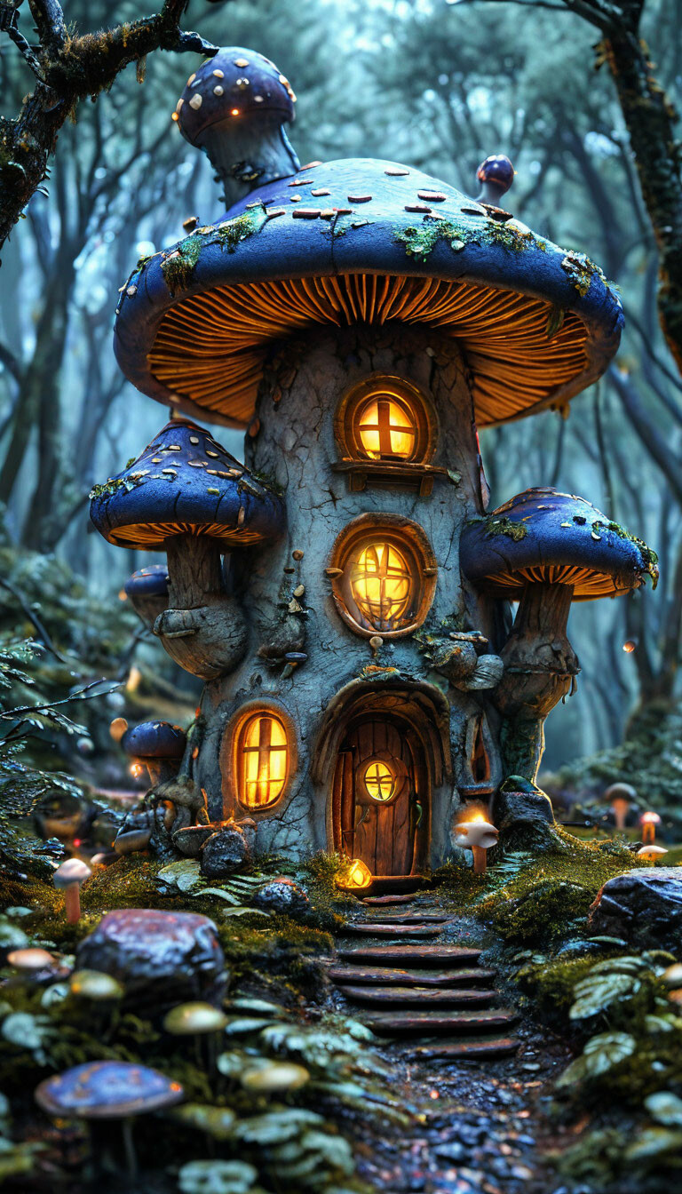 "👻👻👻 A fairy mushroom house in an enchanted bioluminescent forest, Miki ...