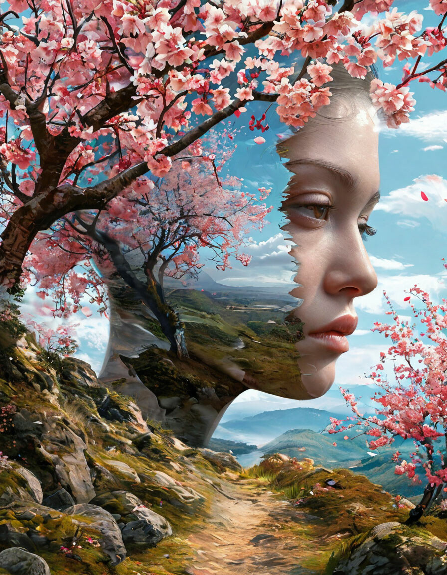 Daytime landscape through a transparent full-face silhouette In the style of Oleg Shuplyak, metamorphosis, sakura