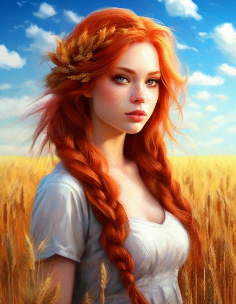 red-haired girl, thick braid with wheat ears woven into it, beautiful eyes, field, river, clouds in the sky, Gangsta Style, beautiful sundress, digital art, diamond painting