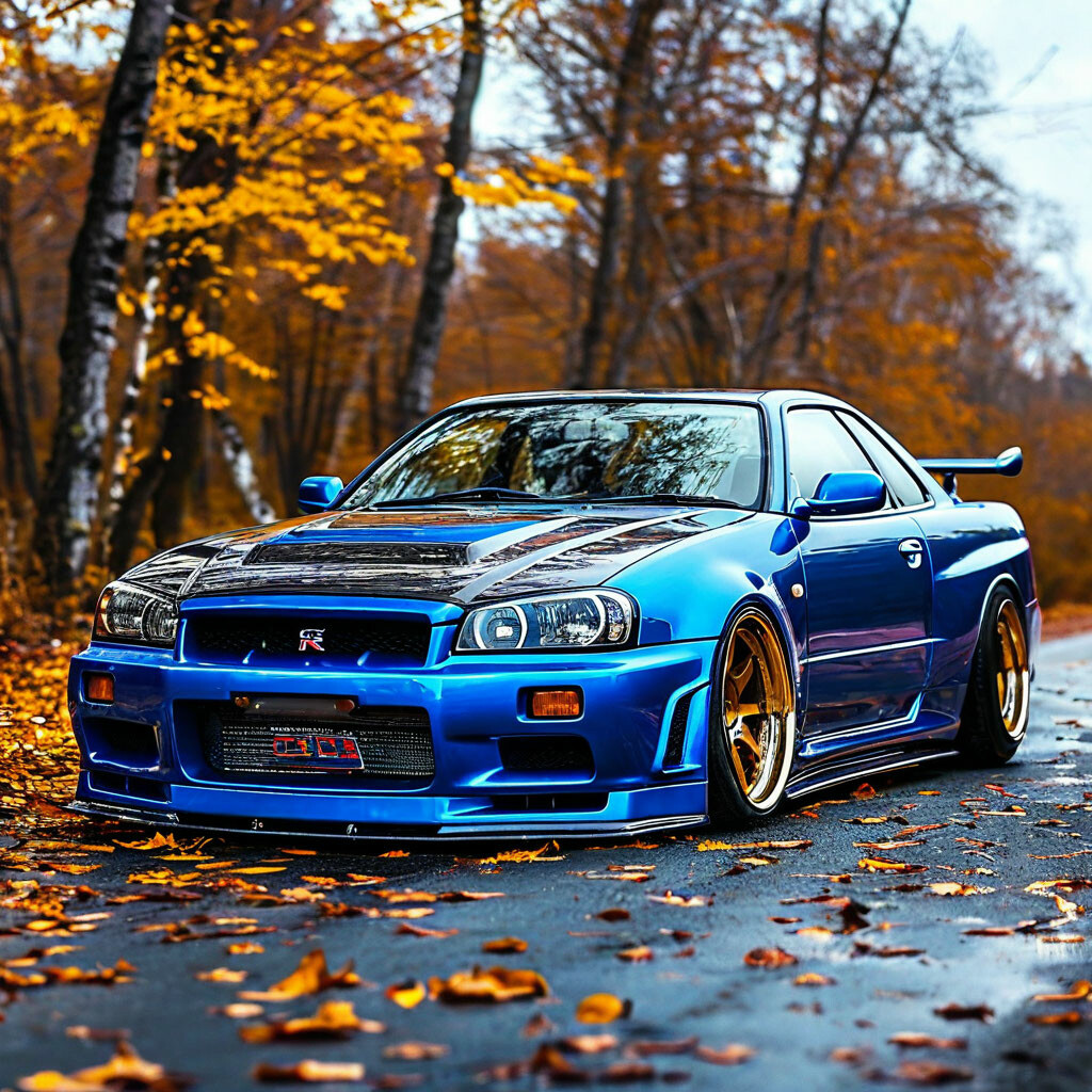 "Nissan skyline r34 in tuning, with bumpers, spoiler, chrome wheels ...