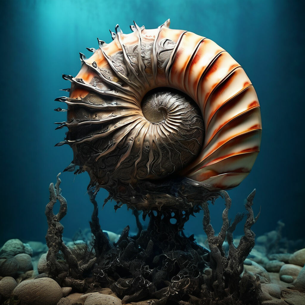 nautilus with the sharpest growths on the shell,surrounded by seaweed ...