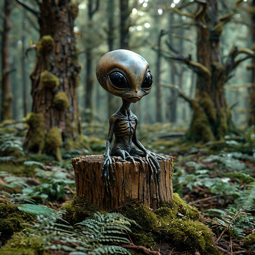 "Fabulous forest, little alien on a tree stump, high detail" — image ...