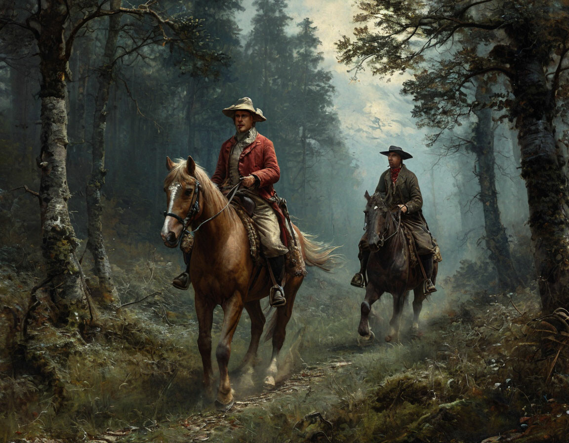 A magical dark forest. A gentleman's servant rides up to a poorly dressed young man on a galloping horse.