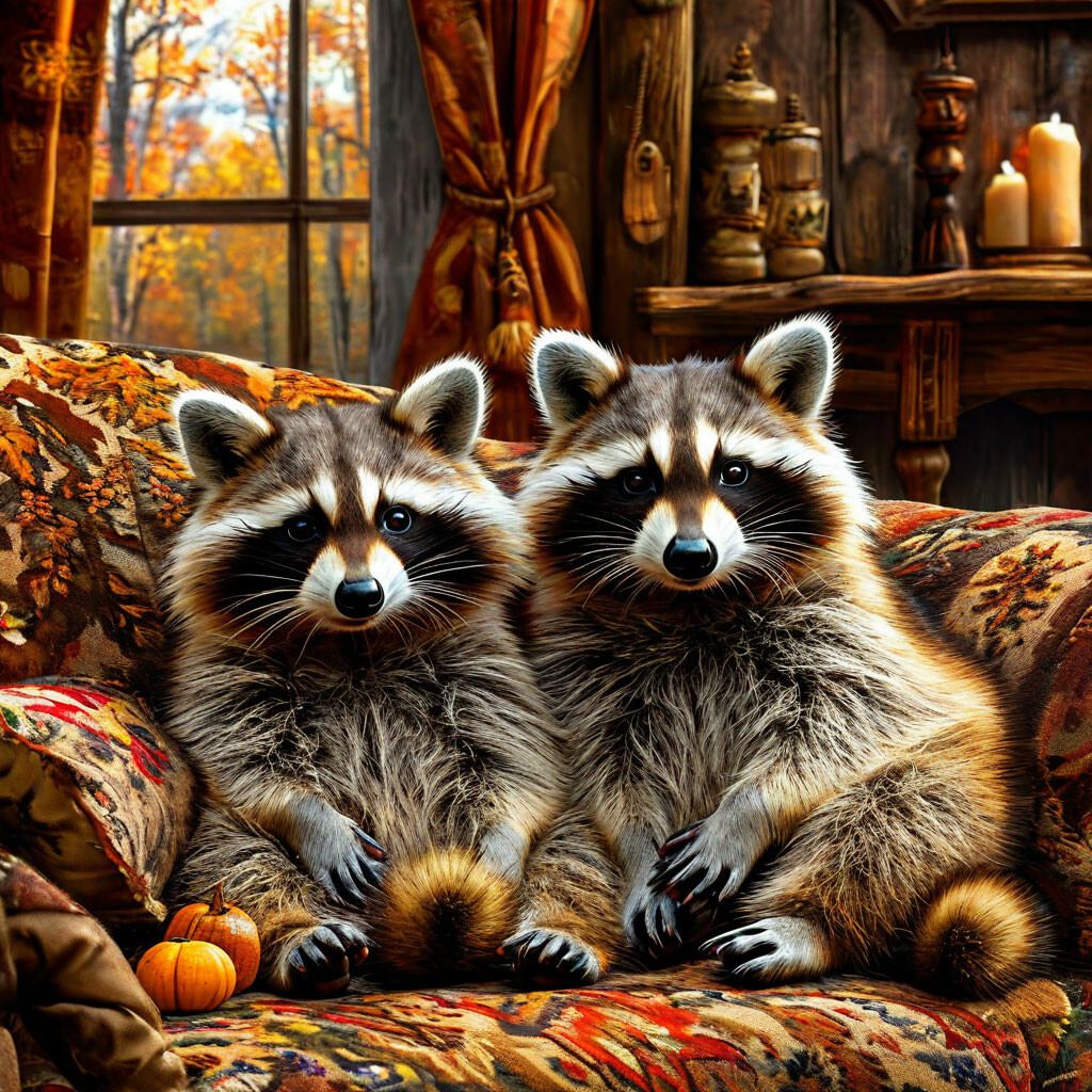 Adorable fluffy raccoons in the room of the hunting lodge in the style ...