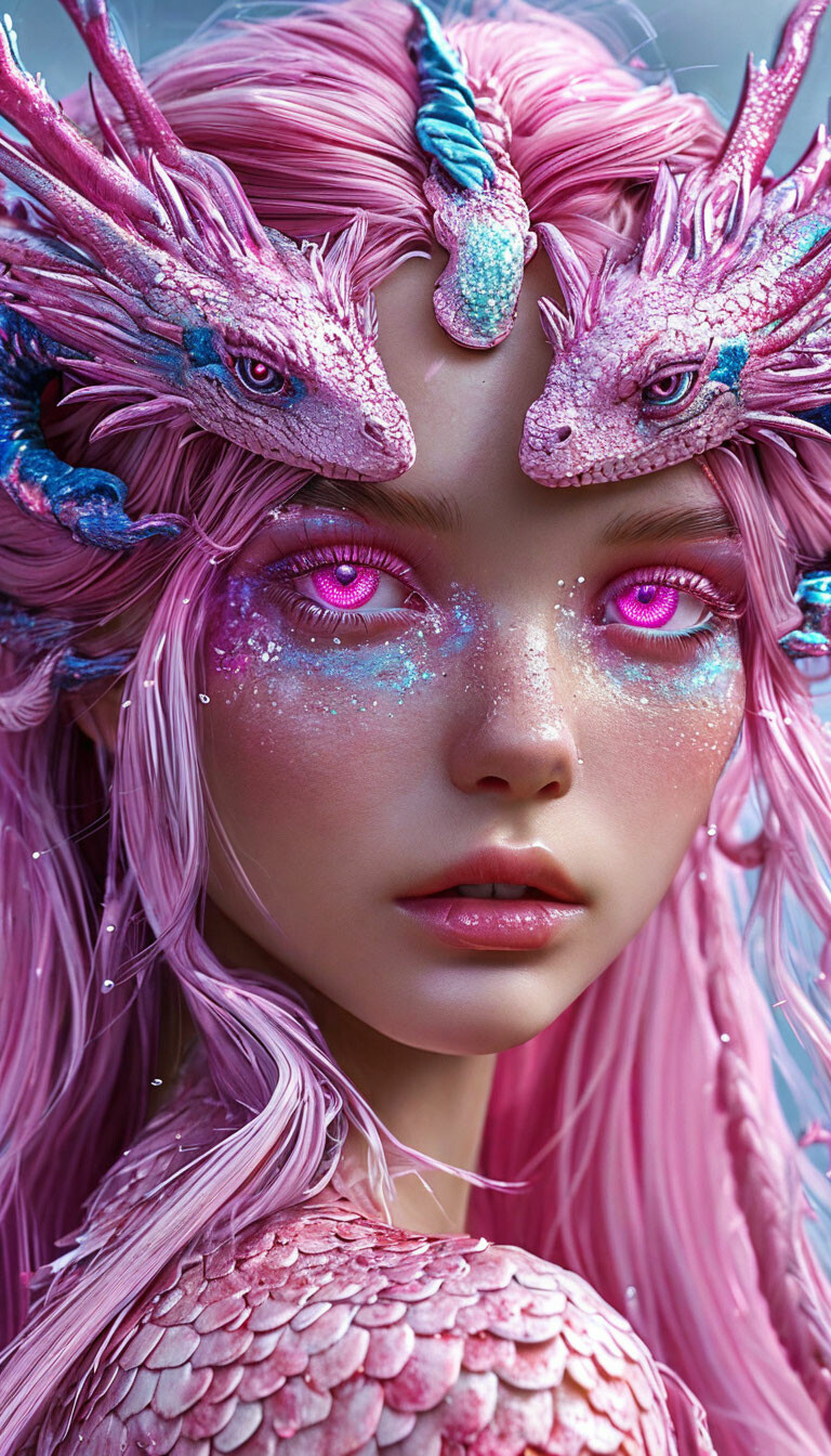 "💞 A fantastic girl with long pink hair and bright pink eyes. There are ...