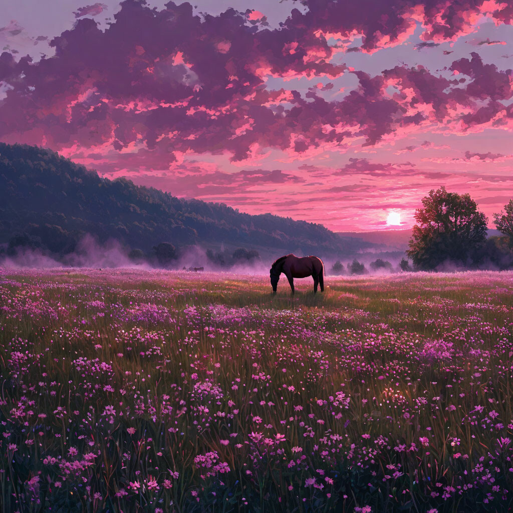 pink-evening-pink-sunset-a-horse-is-grazing-in-a-meadow-meadow